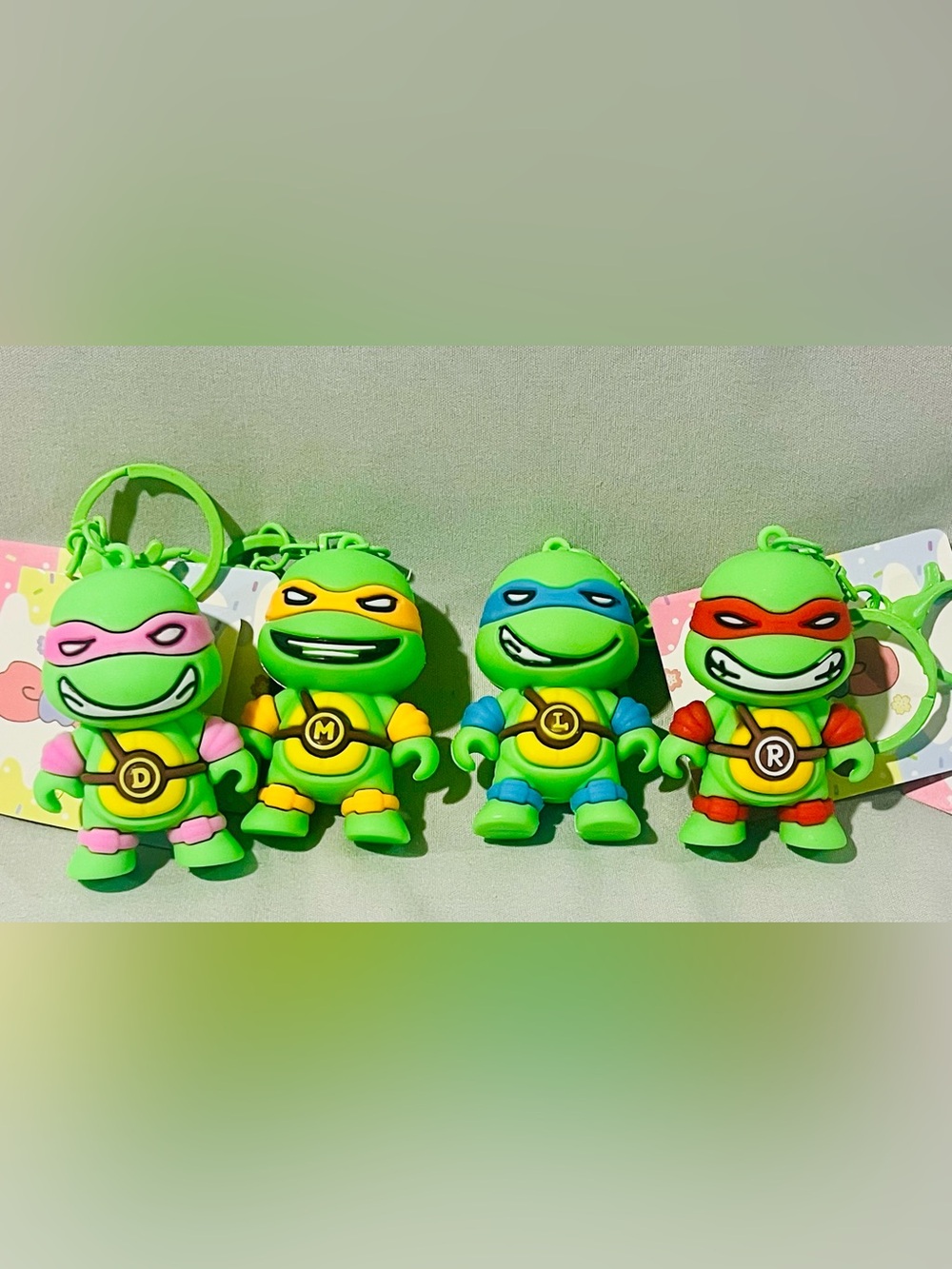 4 Pack Green Turtle Keychain Toy Set - Pink, Yellow, Blue, Red Variants